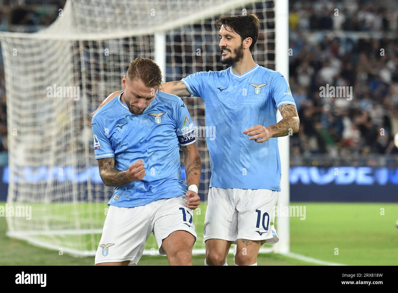 Rome, Italy. 23rd Sep, 2023. Ciro Immobile of SS Lazio celebrates with Luis Alberto after scoring the goal on penaly of 1-0 during the Serie A football match between SS Lazio and AC Monza at Olimpico stadium in Rome (Italy), September 23rd, 2023. Credit: Insidefoto di andrea staccioli/Alamy Live News Stock Photo