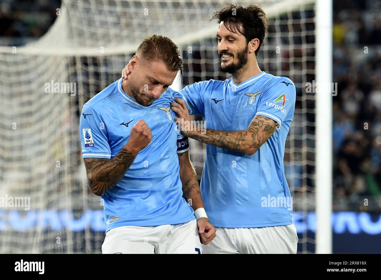 Rome, Italy. 23rd Sep, 2023. Ciro Immobile of SS Lazio celebrates with Luis Alberto after scoring the goal on penaly of 1-0 during the Serie A football match between SS Lazio and AC Monza at Olimpico stadium in Rome (Italy), September 23rd, 2023. Credit: Insidefoto di andrea staccioli/Alamy Live News Stock Photo