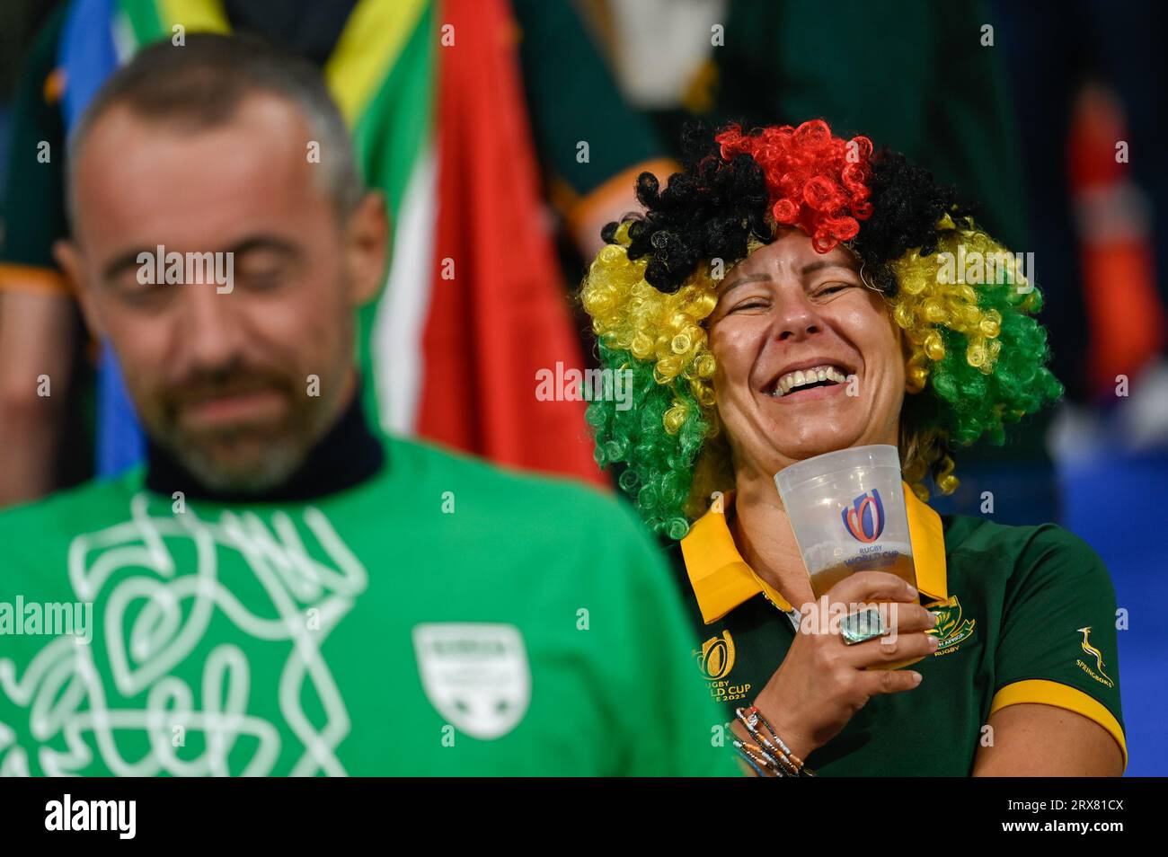 Julien Mattia/Le Pictorium - Rugby World Cup match South Africa, Ireland. 16th Sep, 2023. France/Seine-Saint-Denis/Saint-Denis - Springbok fans during the first confrontation between South Africa and Ireland at the Rugby World Cup, at the Stade de France, on September 23, 2023. Credit: LE PICTORIUM/Alamy Live News Stock Photo