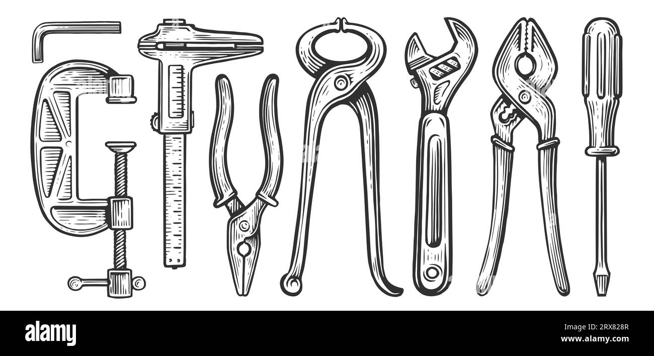 Set of working tools. Construction equipment for or repair work. Hand drawn sketch illustration Stock Photo