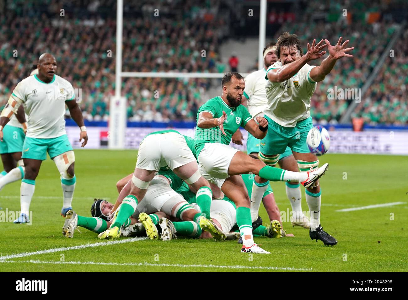 Ireland's Jamison Gibson-Park attempts to clear the ball from South ...
