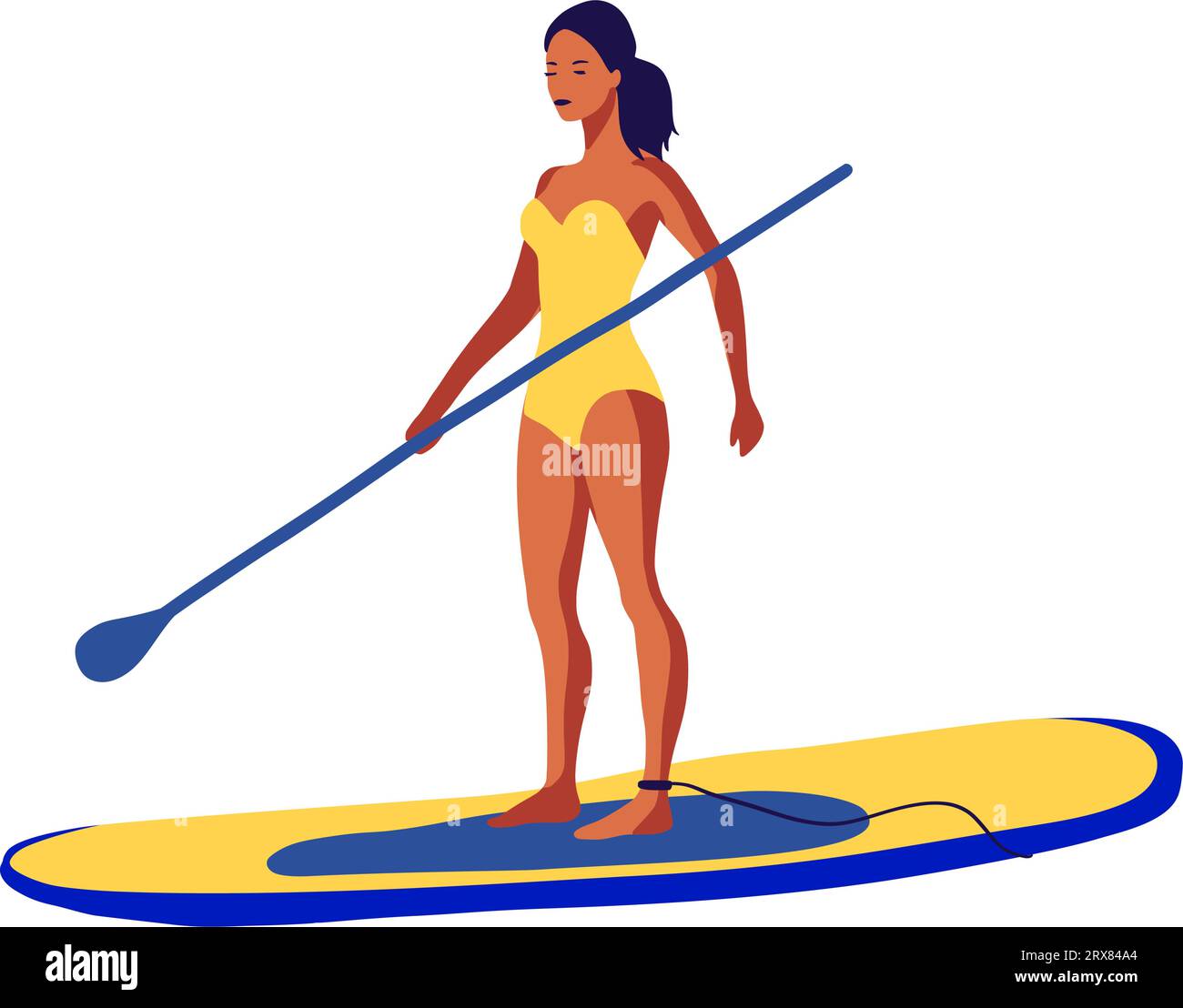 Young woman in a swimsuit swimming on a SUP board vector flat illustration vacation outdoor Stock Vector