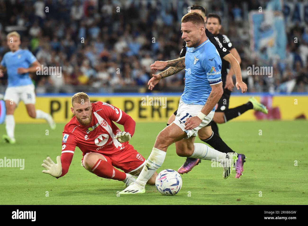 Rome, Italy. 23rd Sep, 2023. Ciro Immobile of SS Lazio and Michele Di Gregorio of AC Monza during the Serie A football match between SS Lazio and AC Monza at Olimpico stadium in Rome (Italy), September 23rd, 2023. Credit: Insidefoto di andrea staccioli/Alamy Live News Stock Photo