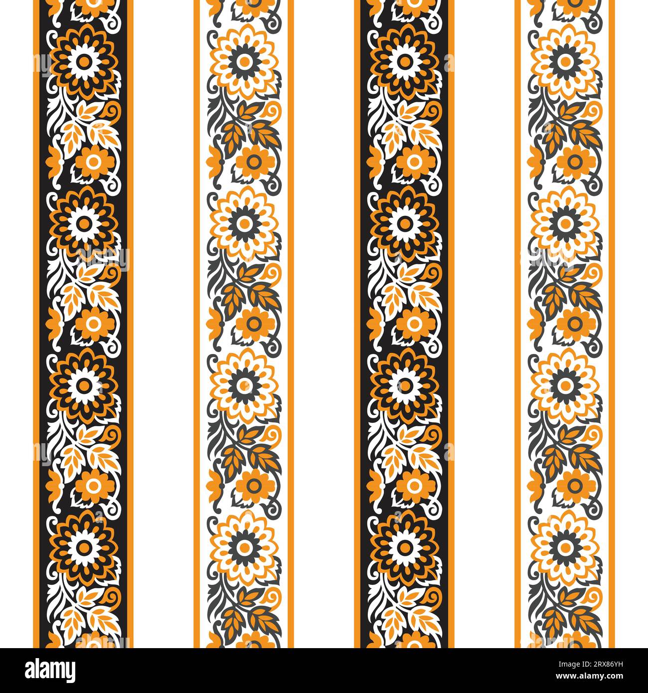 A vibrant striped borders fabric with floral patterns Stock Vector