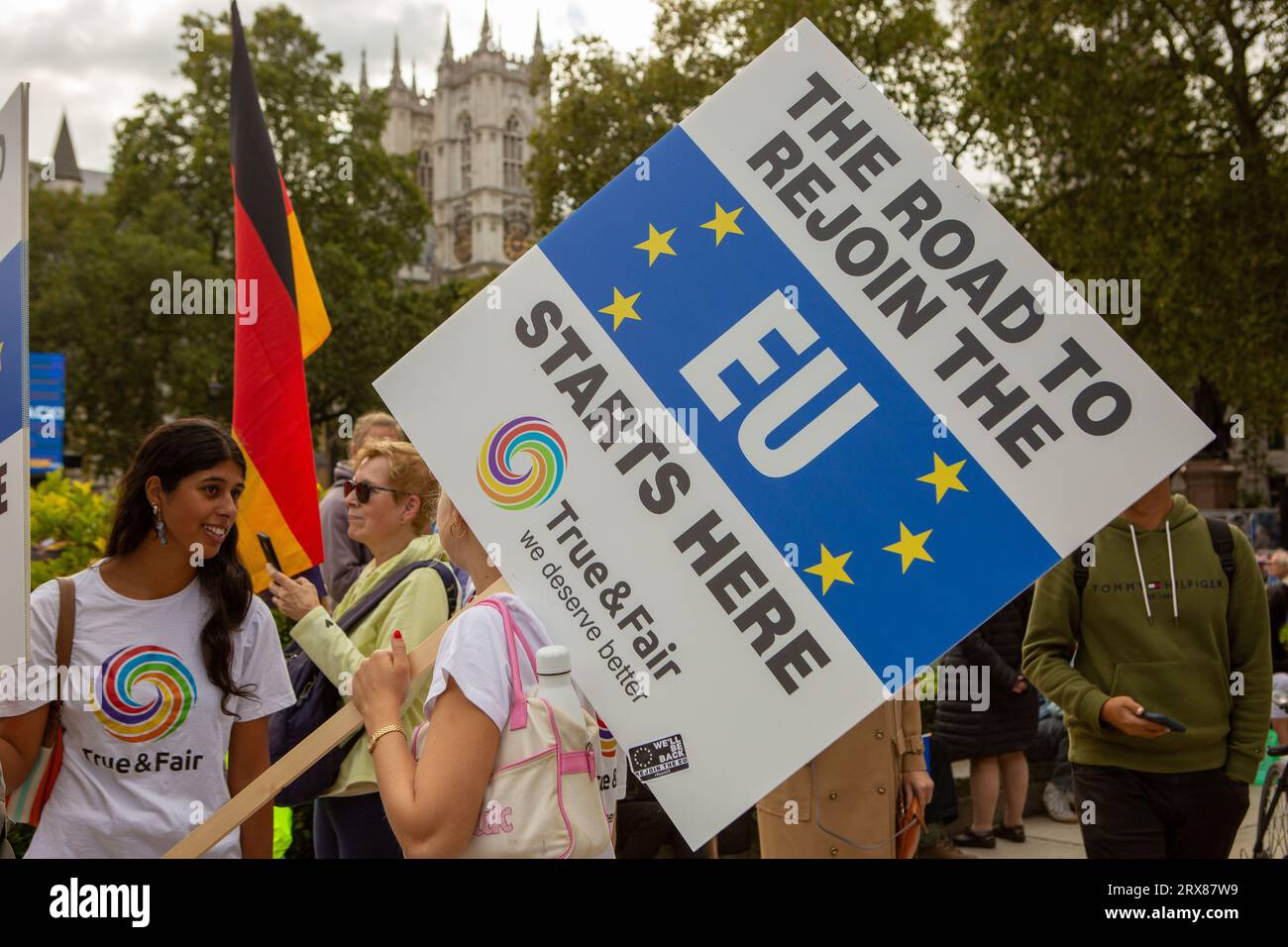 Rejoin March London, UK. 23rd Sep, 2023. Activists hold placards and flagsr during ...