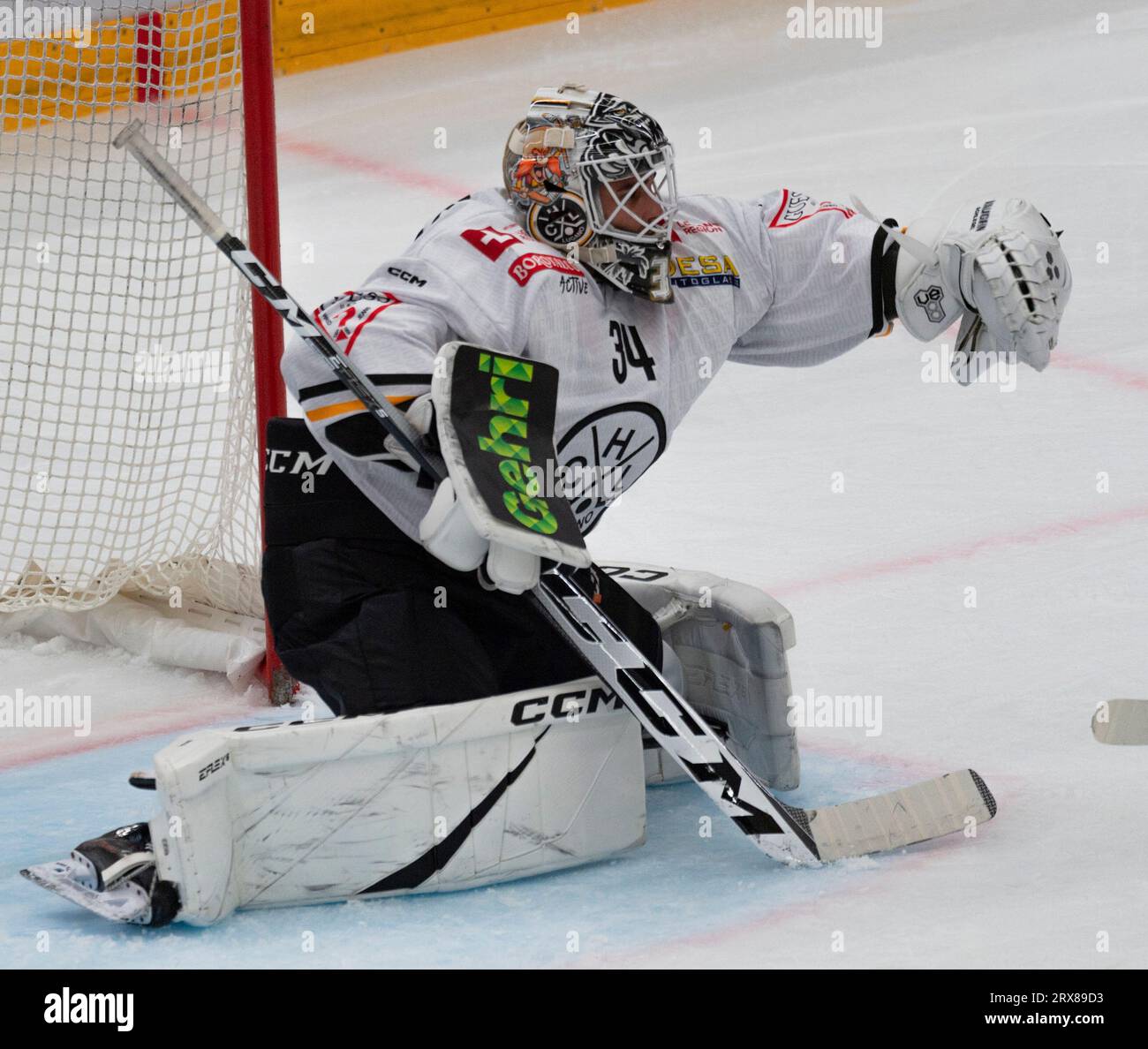Lausanne, Vaud, Switzerland. 23rd Sep, 2023. Lausanne Switzerland, 09/23/2023: Niklas Schlegel (goalie) of HC Lugano #34 makes a stop during Lausanne HC Versus HC Lugano . The match of the 6th day of the 2023-2024 season took place at the Vaudoise Arena in Lausanne between Lausanne HC and HC Lugano.Lausanne HC wons 4-1. (Credit Image: © Eric Dubost/ZUMA Press Wire) EDITORIAL USAGE ONLY! Not for Commercial USAGE! Stock Photo