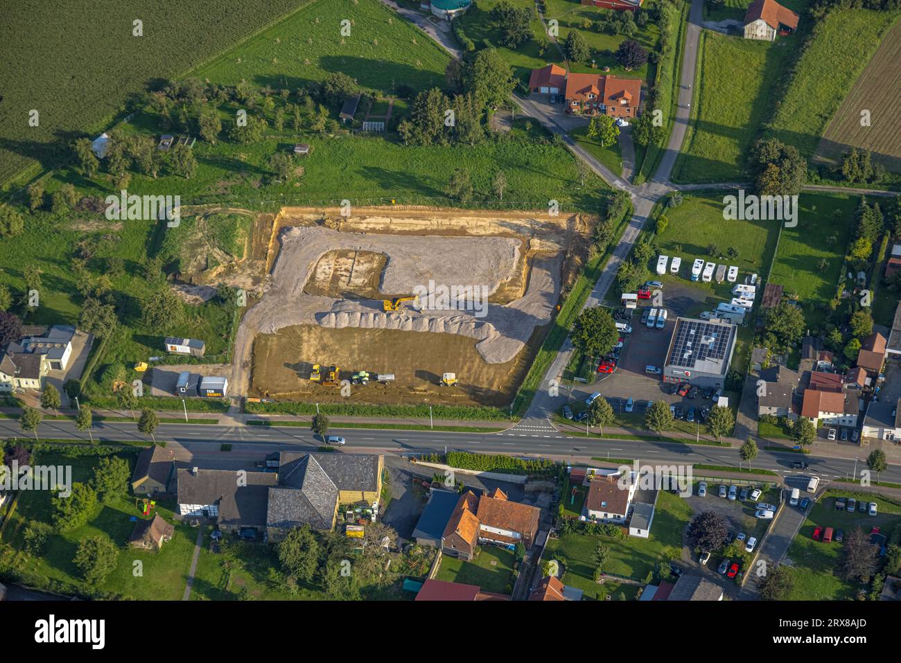 Aerial view, construction site at Büdericher Bundesstraße B1 corner Kuhweg, Westbüderich, Werl, Werl-Unnaer Börde, North Rhine-Westphalia, Germany, Co Stock Photo