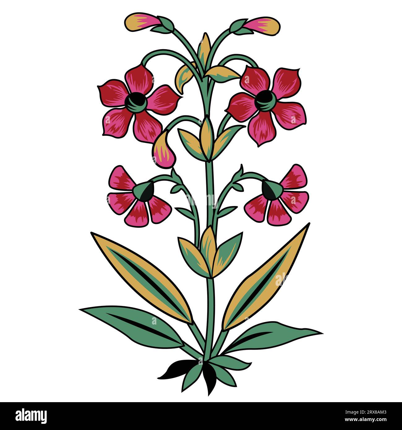 A vibrant red flower with lush green leaves against a clean white background Stock Vector