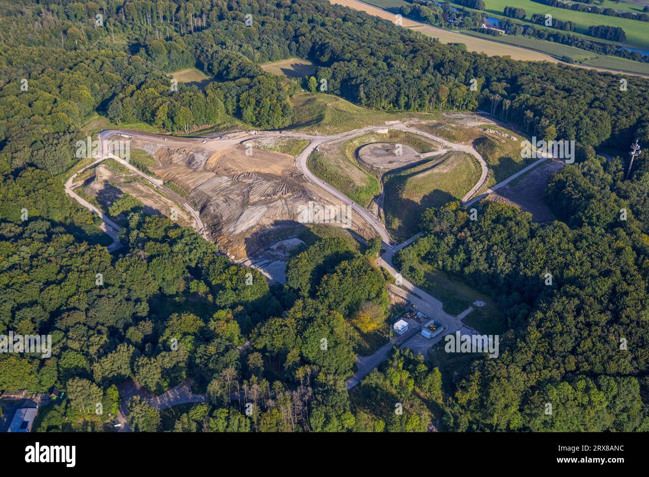 Aerial view, construction site and new building observation tower in