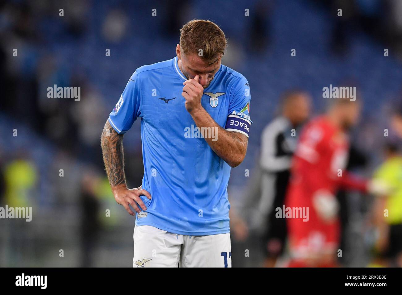 Rome, Italy. 23rd Sep, 2023. Dejection of Ciro Immobile of SS Lazio during the Serie A football match between SS Lazio and AC Monza at Olimpico stadium in Rome (Italy), September 23rd, 2023. Credit: Insidefoto di andrea staccioli/Alamy Live News Stock Photo
