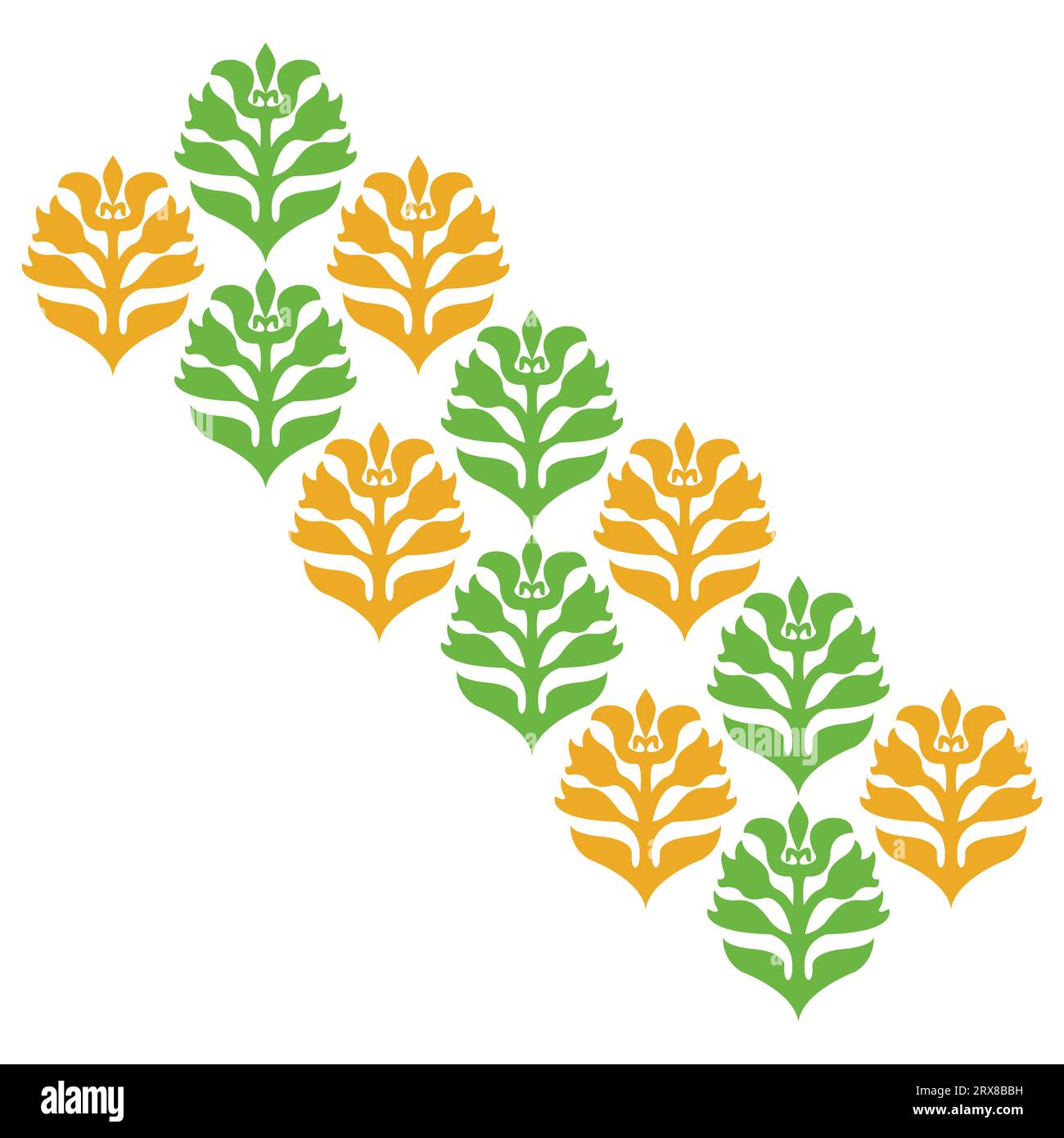 A row of green and orange pattern leaves on a white background Stock Vector
