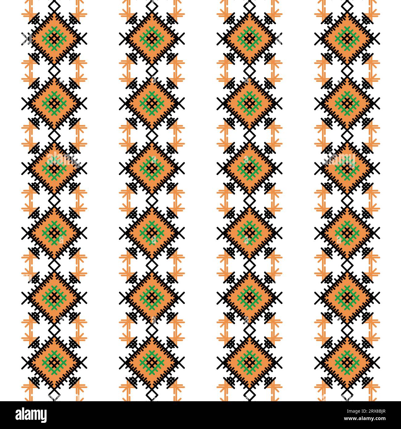 A vibrant cross stitch pattern border in orange and black Stock Vector