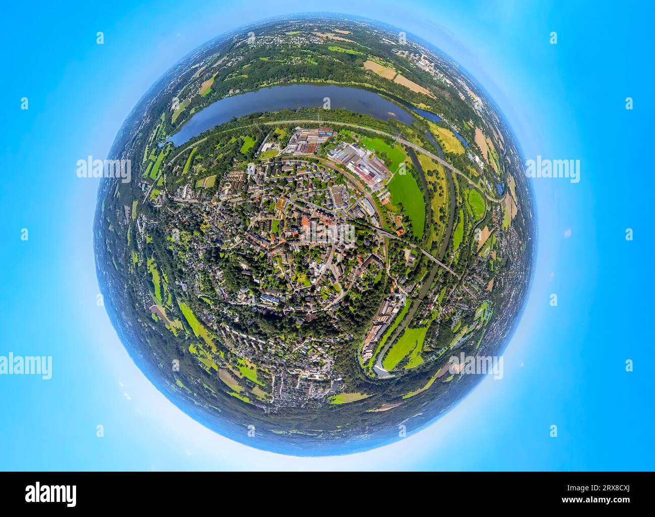 Aerial view, city view district Herbede, Kemnader See at the freeway A43, globe, fisheye shot, 360 degree shot, tiny world, Ostherbede, Witten, Ruhr a Stock Photo