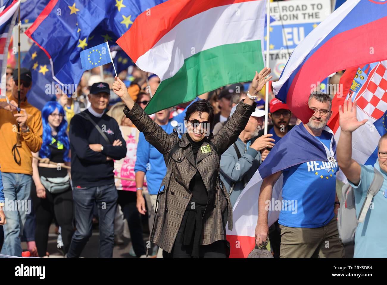London, UK. 23rd September 2023. Pro EU supporters joined the national Rejoin March as the campaign to rejoin the European Union gathers strength. Placards and flags from all over Britain and Europe were flown. Credit : Monica Wells/Alamy Live News Stock Photo