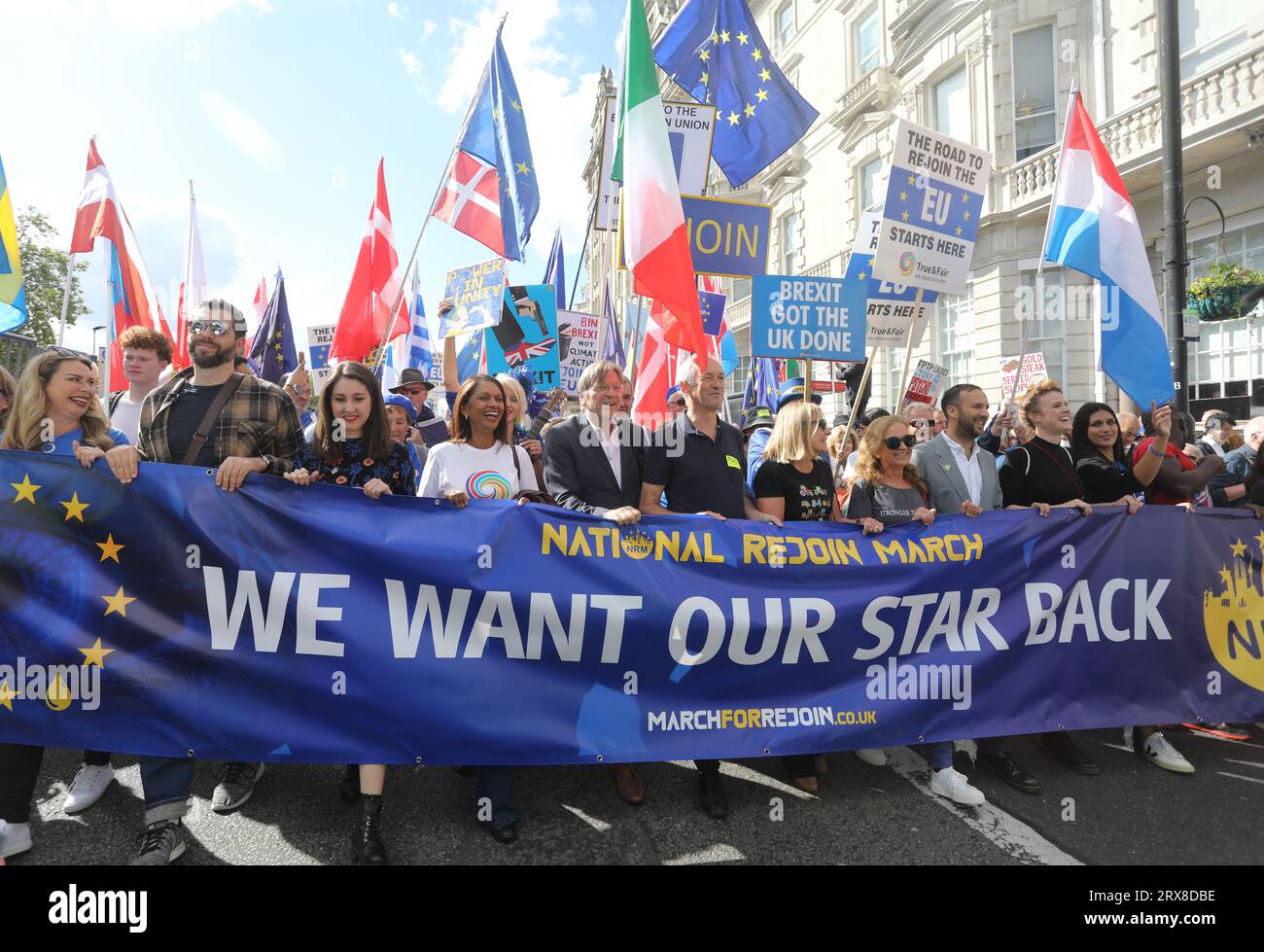 London, UK. 23rd September 2023. Pro EU supporters joined the National Rejoin March as the campaign to rejoin the European Union gathers strength. Placards and flags from all over Britain and Europe were flown. Credit : Monica Wells/Alamy Live News Stock Photo