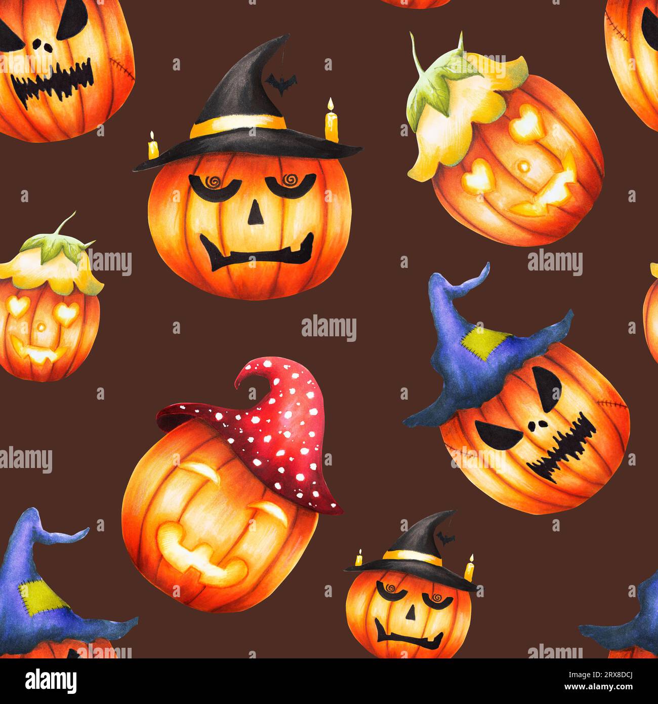 Watercolor seamless pattern with halloween pumpkin with hat. Happy ...