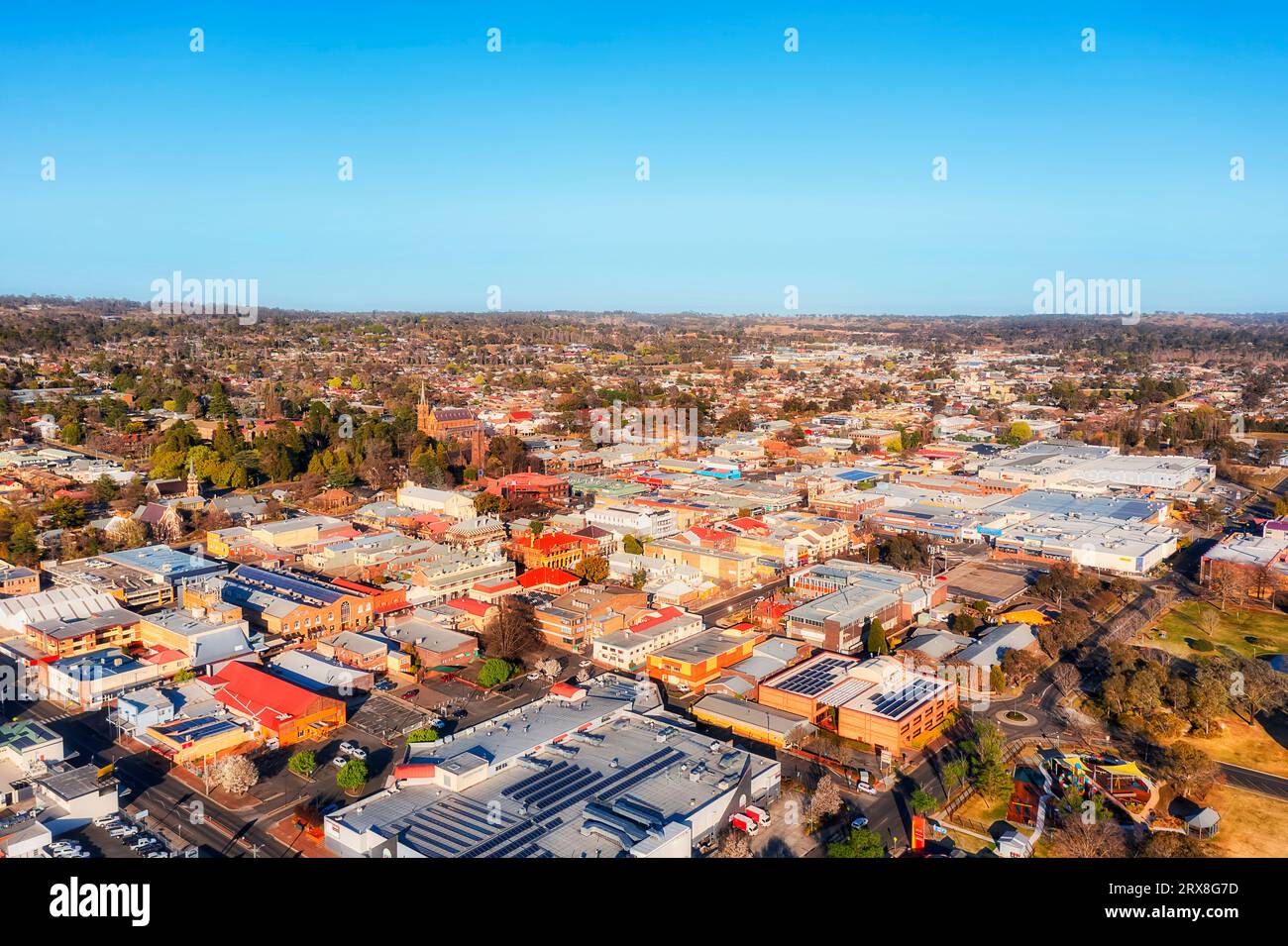 Downtown or rural regional town Armidale on highland plateau in Australia - aerial townscape. Stock Photo