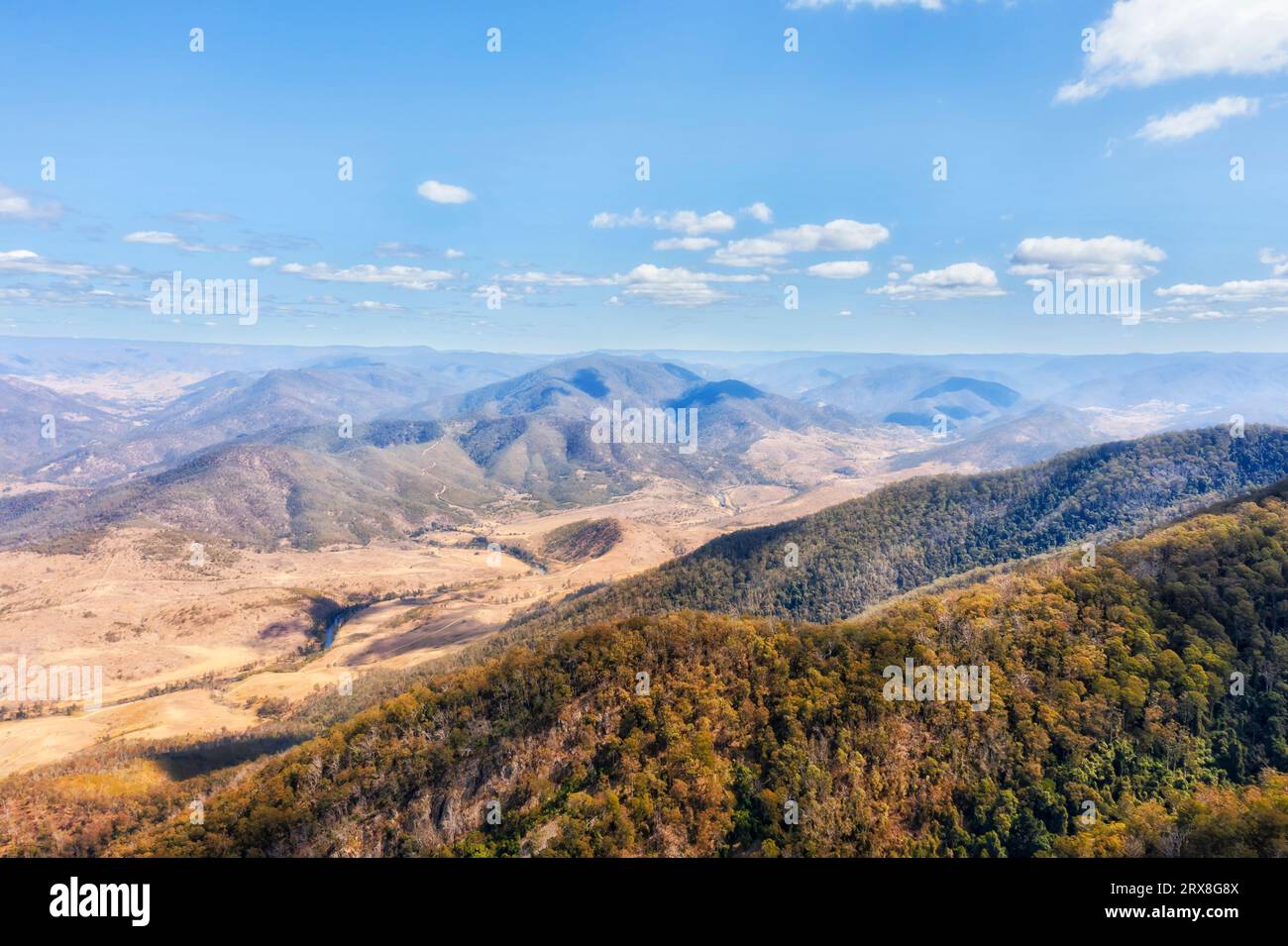 Aerial landscape view of scenic mountain vale and ranges of Great Dividing range in Australia at Nowendoc. Stock Photo