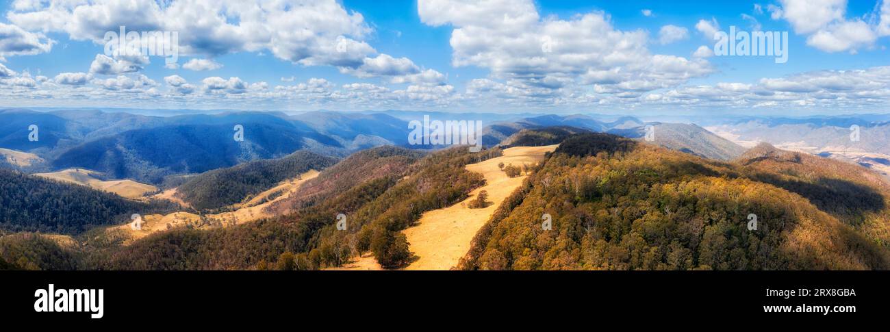 HIghland plateau and hill top on Great Dividing range in Australia - scenic aerial landscape panorama. Stock Photo