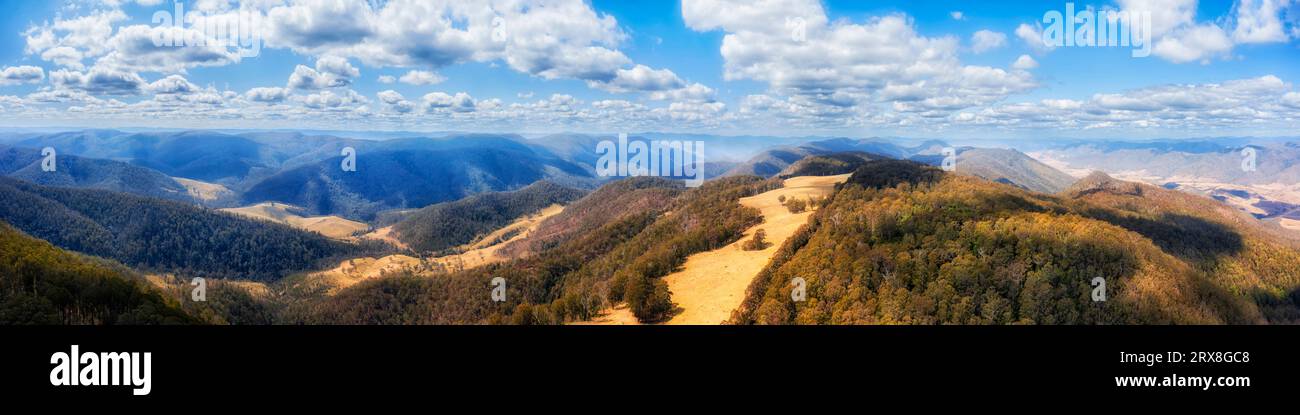 HIghland plateau of Great Dividing range in Australia - scenic aerial landscape panorama. Stock Photo