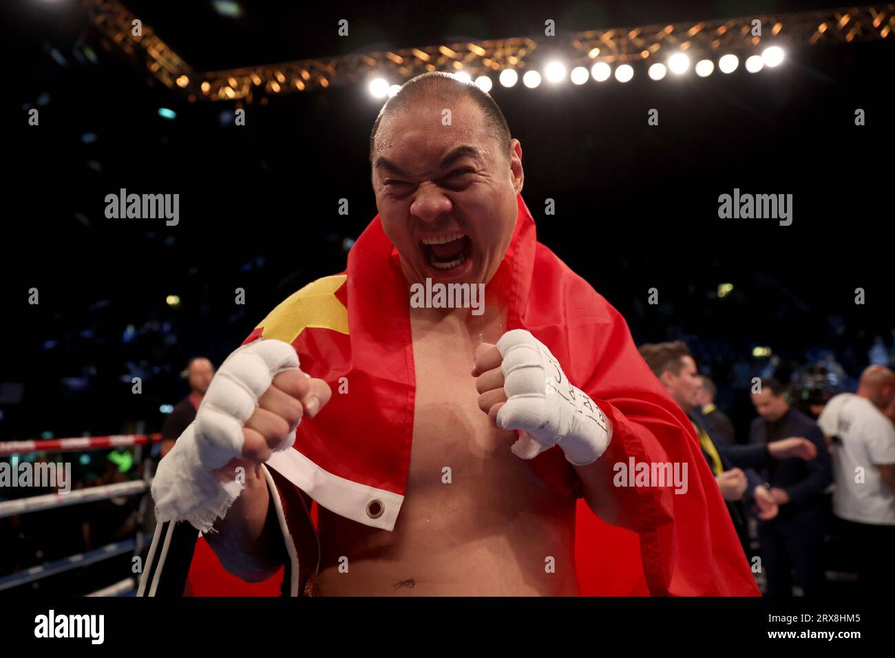 Zhilei Zhang celebrates after defeating Joe Joyce in the WBO 'Interim' Heavyweight Title match at the OVO Arena Wembley, London. Picture date: Saturday September 23, 2023. Stock Photo