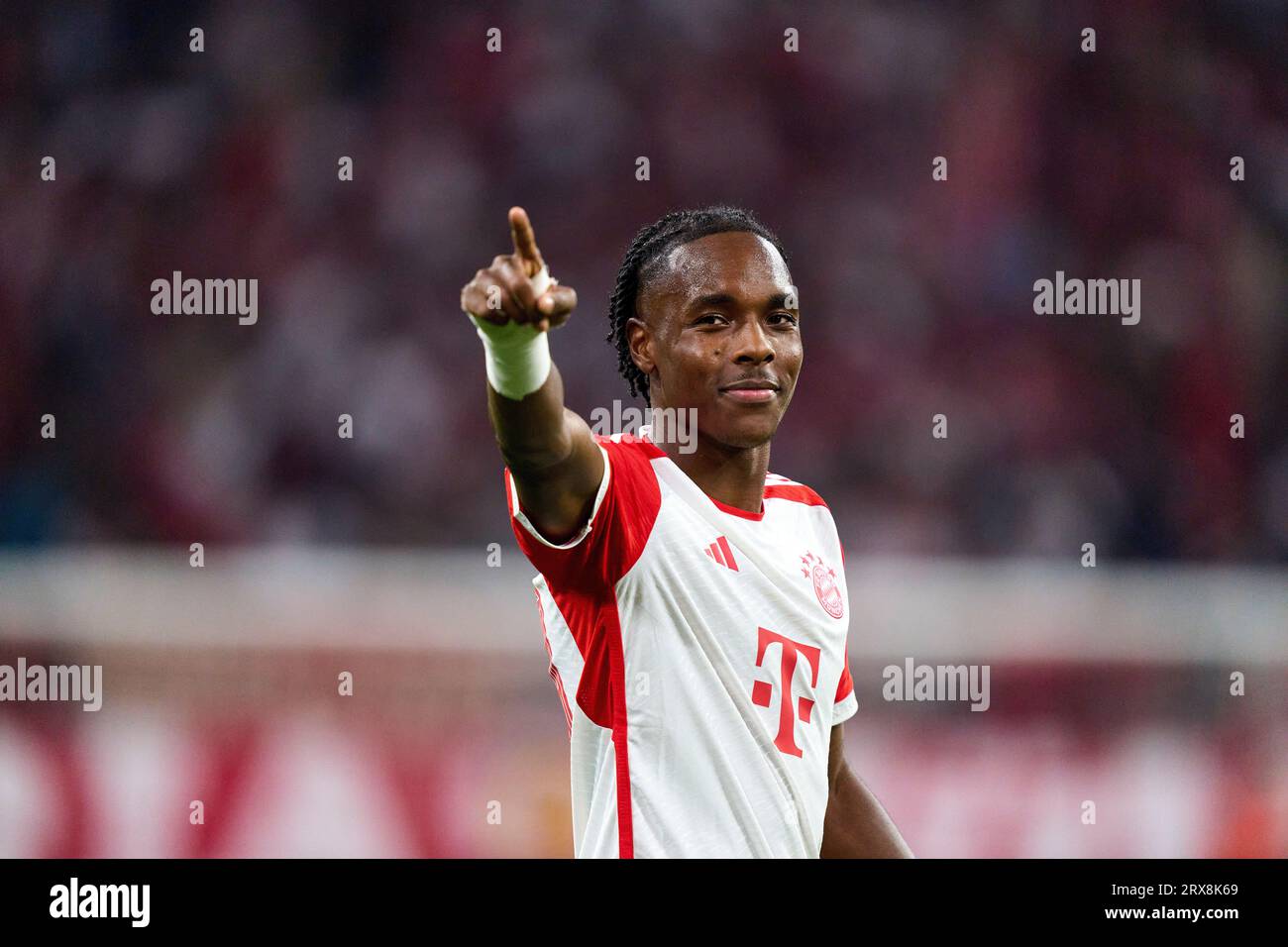 Mathys Tel, FCB 39 celebrate with fans after the group stage match FC ...