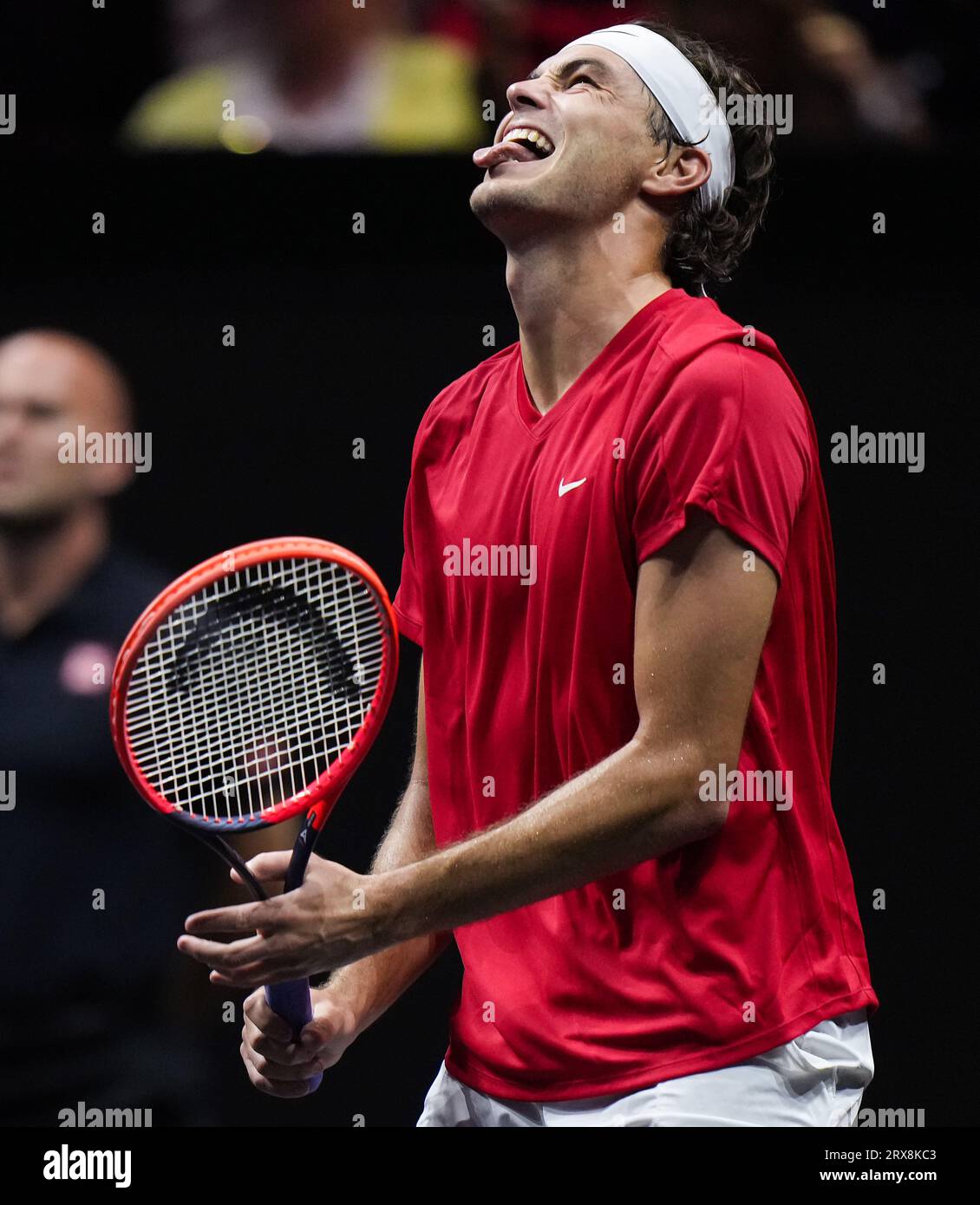 Team Worlds Taylor Fritz reacts after playing a point against Team Europes Andrey Rublev during a Laver Cup tennis match Saturday, Sept