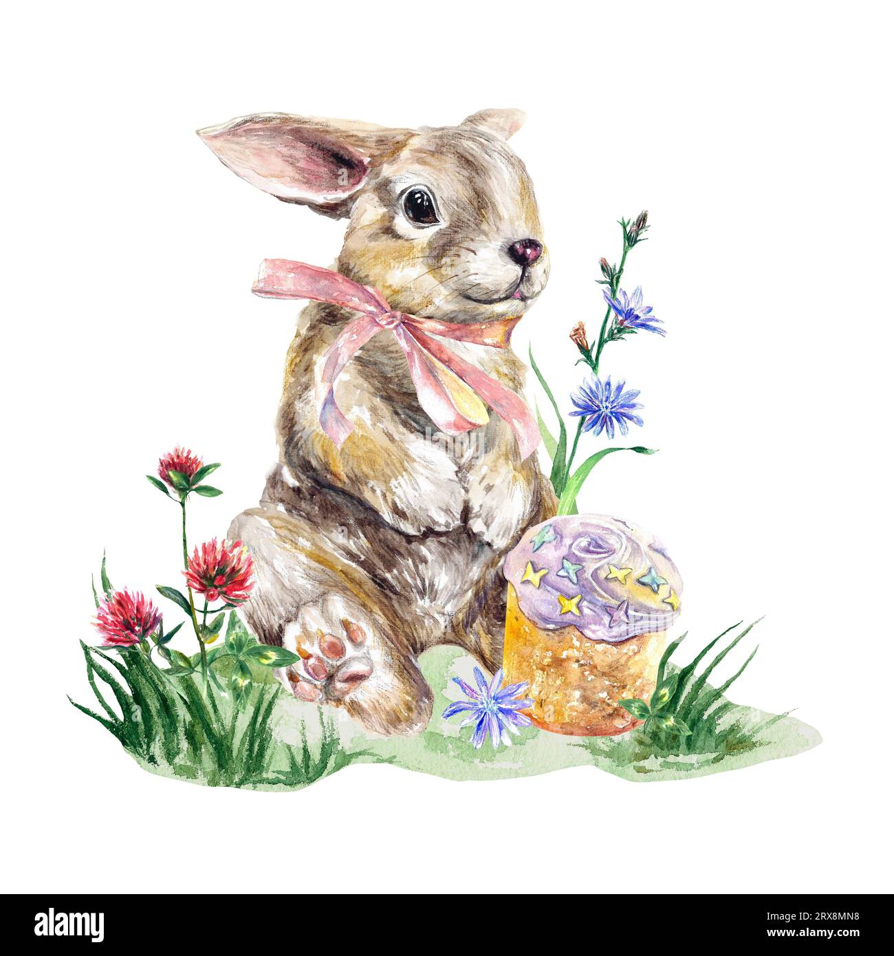 Rabbit with ribbon, Easter cake and meadow flowers. Watercolor ...