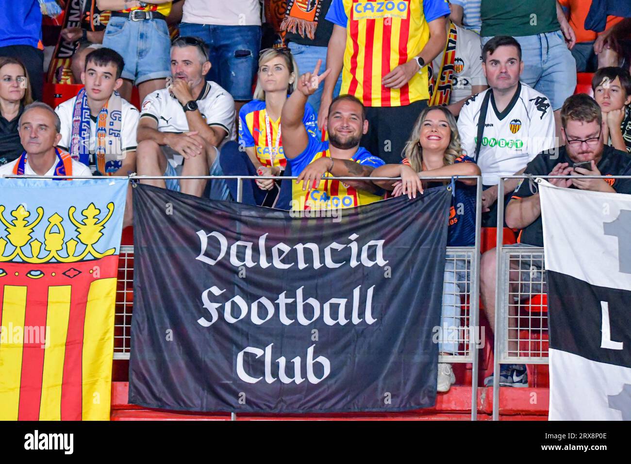 ALMERIA, SPAIN - SEPTEMBER 23: Valencia fans before the match between UD Almeria and Valencia CF of La Liga EA Sports on September 23, 2023 at Power Horse Stadium in Almeria, Spain. (Photo by Samuel Carreño) Credit: Px Images/Alamy Live News Stock Photo