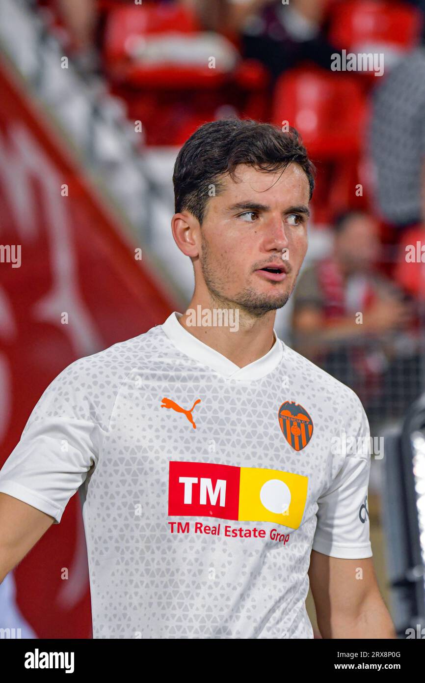 ALMERIA, SPAIN - SEPTEMBER 23: Hugo Guillamon of Valencia CF before the match between UD Almeria and Valencia CF of La Liga EA Sports on September 23, 2023 at Power Horse Stadium in Almeria, Spain. (Photo by Samuel Carreño) Credit: Px Images/Alamy Live News Stock Photo