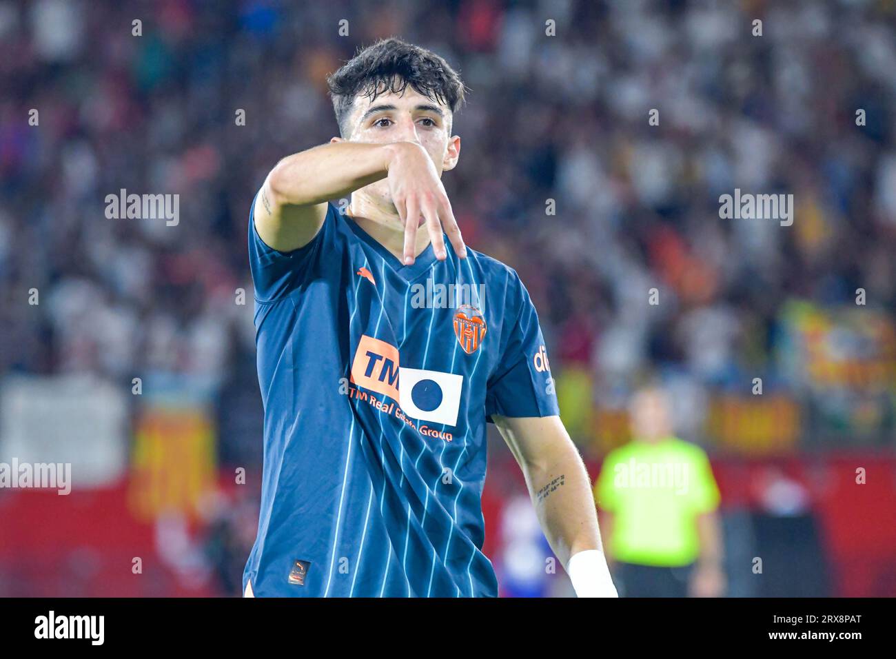 ALMERIA, SPAIN - SEPTEMBER 23: Diego Lopez of Valencia CF celebrate his goal during the match between UD Almeria and Valencia CF of La Liga EA Sports on September 23, 2023 at Power Horse Stadium in Almeria, Spain. (Photo by Samuel Carreño) Credit: Px Images/Alamy Live News Stock Photo