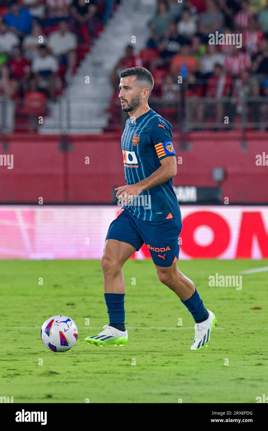 ALMERIA, SPAIN - SEPTEMBER 23: Jose Gaya of Valencia CF run with the ball during the match between UD Almeria and Valencia CF of La Liga EA Sports on September 23, 2023 at Power Horse Stadium in Almeria, Spain. (Photo by Samuel Carreño) Credit: Px Images/Alamy Live News Stock Photo