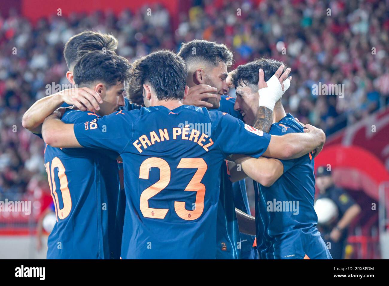 ALMERIA, SPAIN - SEPTEMBER 23: Valencia's players celebrate the goal of Diego Lopez during the match between UD Almeria and Valencia CF of La Liga EA Sports on September 23, 2023 at Power Horse Stadium in Almeria, Spain. (Photo by Samuel Carreño) Credit: Px Images/Alamy Live News Stock Photo