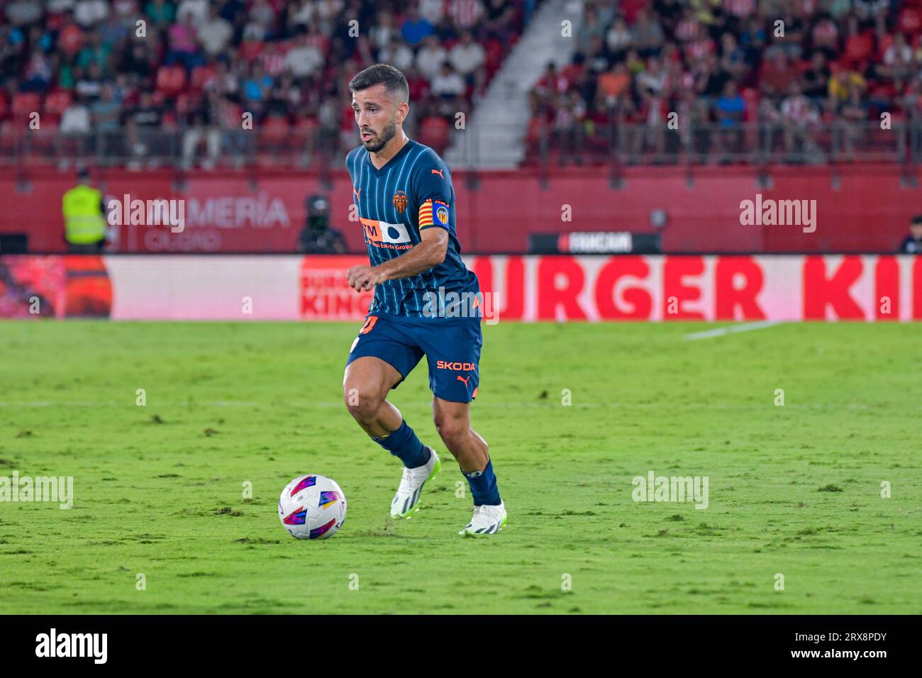 ALMERIA, SPAIN - SEPTEMBER 23: Jose Gaya of Valencia CF Drives the ball during the match between UD Almeria and Valencia CF of La Liga EA Sports on September 23, 2023 at Power Horse Stadium in Almeria, Spain. (Photo by Samuel Carreño) Credit: Px Images/Alamy Live News Stock Photo