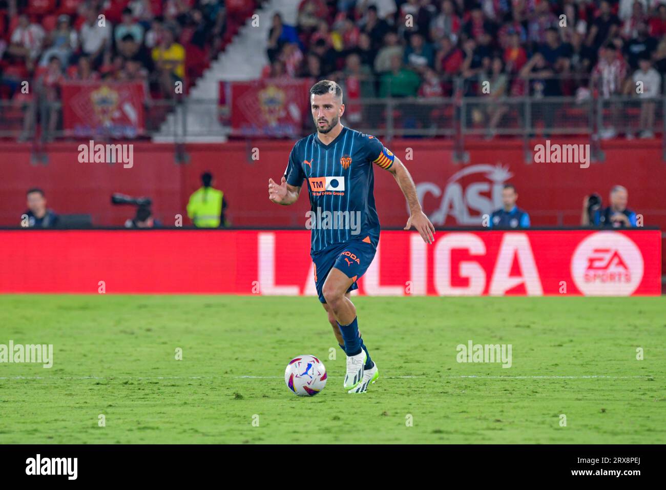 ALMERIA, SPAIN - SEPTEMBER 23: Jose Gaya of Valencia CF run with the ball during the match between UD Almeria and Valencia CF of La Liga EA Sports on September 23, 2023 at Power Horse Stadium in Almeria, Spain. (Photo by Samuel Carreño) Credit: Px Images/Alamy Live News Stock Photo