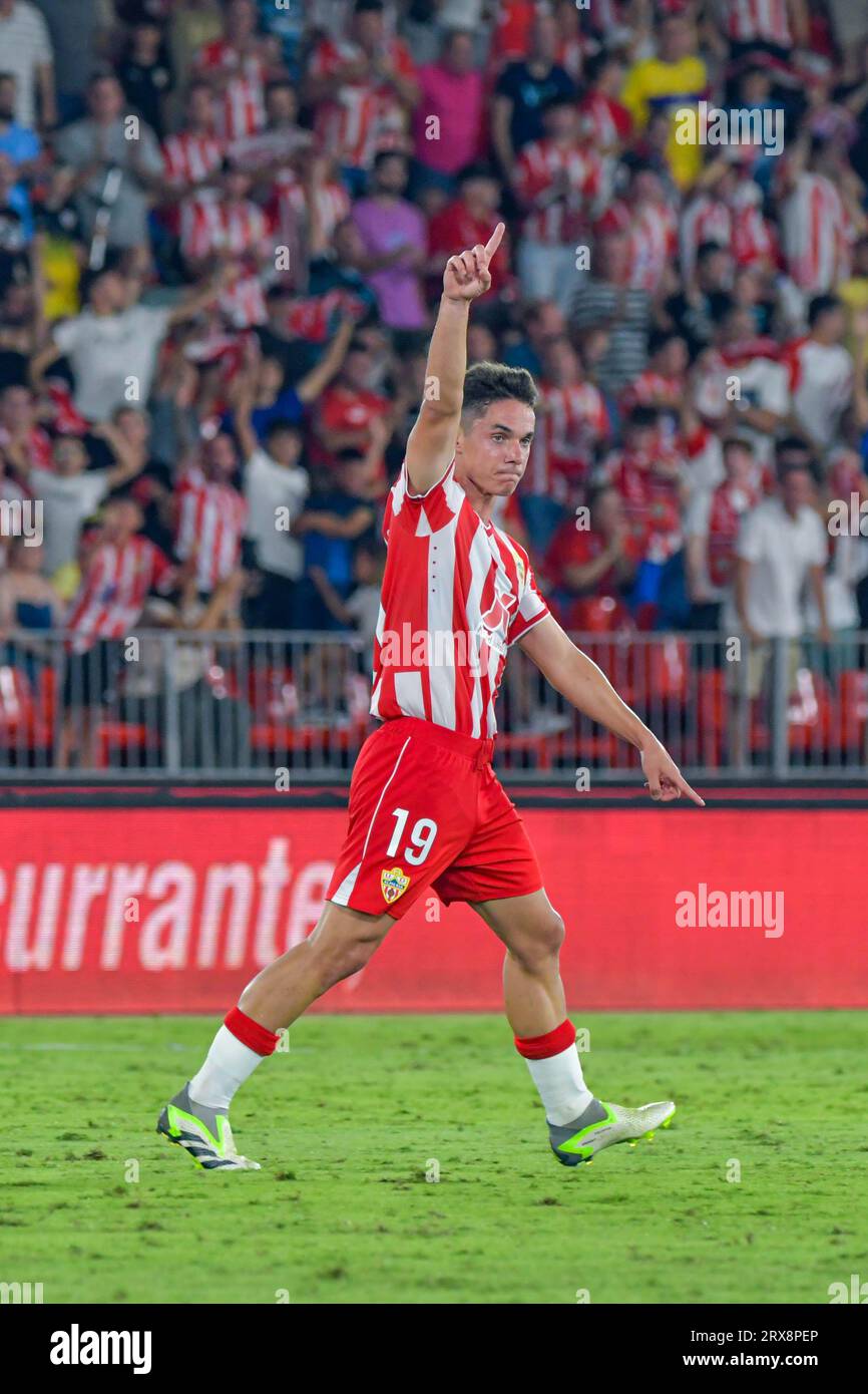 ALMERIA, SPAIN - SEPTEMBER 23: Diego Arribas of UD Almeria celebrate his goal during the match between UD Almeria and Valencia CF of La Liga EA Sports on September 23, 2023 at Power Horse Stadium in Almeria, Spain. (Photo by Samuel Carreño) Credit: Px Images/Alamy Live News Stock Photo