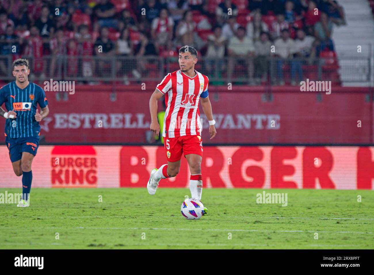 ALMERIA, SPAIN - SEPTEMBER 23: Luca Robertone of UD Almeria controls the ball during the match between UD Almeria and Valencia CF of La Liga EA Sports on September 23, 2023 at Power Horse Stadium in Almeria, Spain. (Photo by Samuel Carreño) Credit: Px Images/Alamy Live News Stock Photo