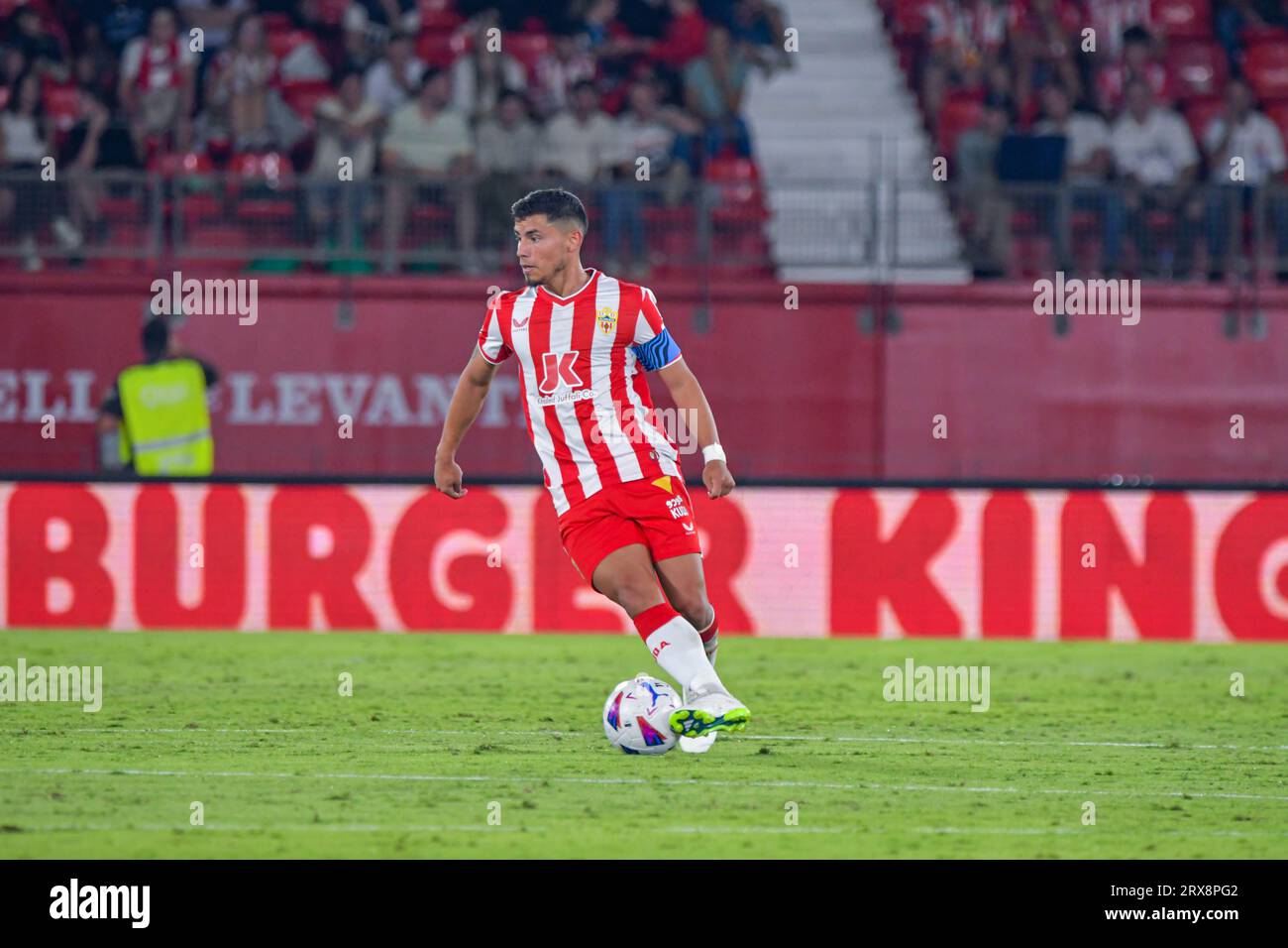 ALMERIA, SPAIN - SEPTEMBER 23: Luca Robertone of UD Almeria Drives the ball during the match between UD Almeria and Valencia CF of La Liga EA Sports on September 23, 2023 at Power Horse Stadium in Almeria, Spain. (Photo by Samuel Carreño) Credit: Px Images/Alamy Live News Stock Photo