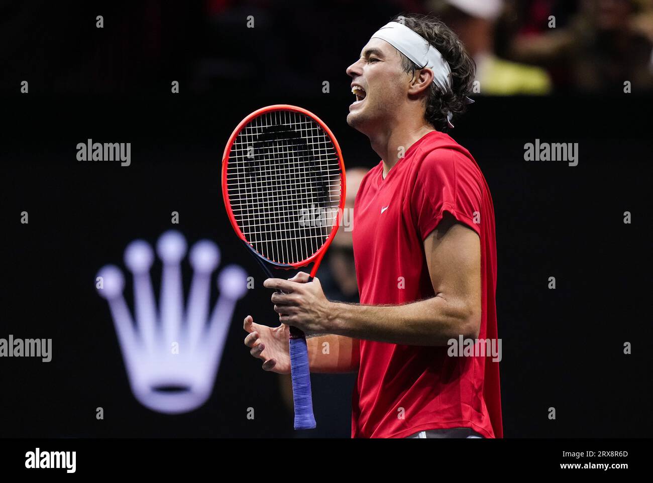Team Worlds Taylor Fritz reacts after playing a point against Team Europes Andrey Rublev during a Laver Cup tennis match Saturday, Sept