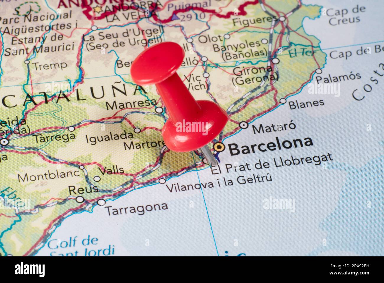 A red push in placed on a map locating Barcelona Spain Stock Photo