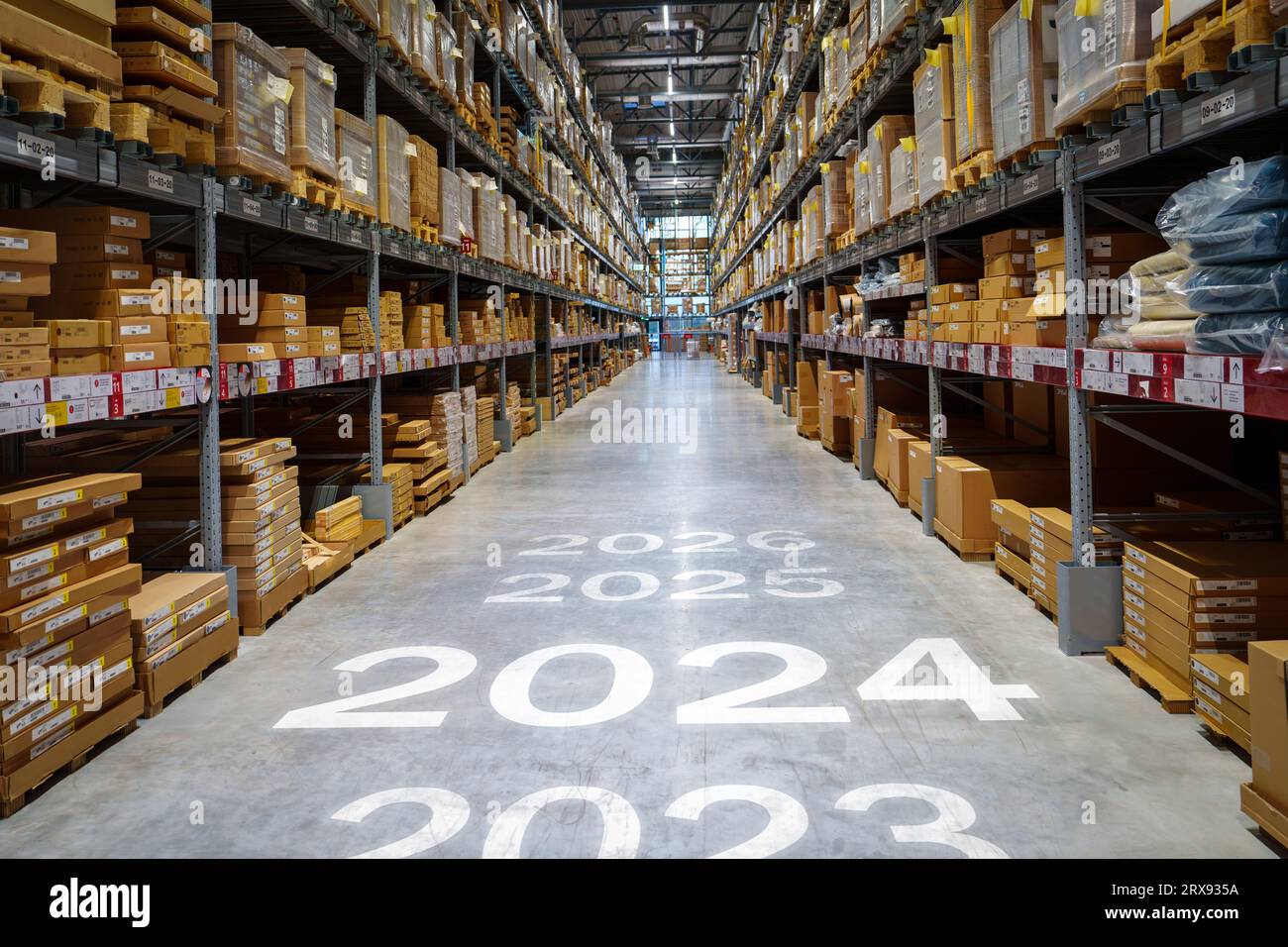 Large warehouse 2024 new year, warehouse storage and distribution of