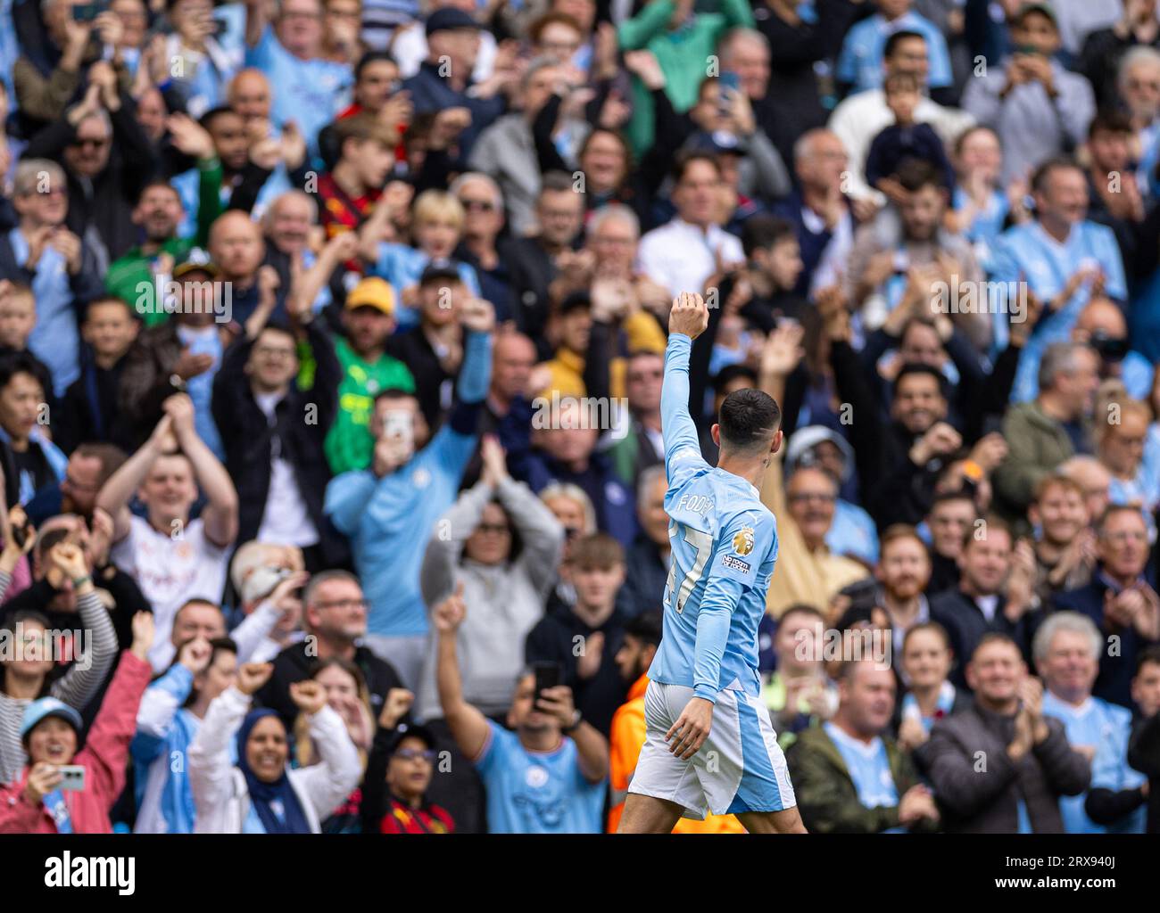 Manchester, UK. 24th Sep, 2023. Manchester City's Phil Foden celebrates after scoring the opening goal during the English Premier League match between Manchester City and Nottingham Forest in Manchester, Britain, on Sept. 23, 2023. Credit: Xinhua/Alamy Live News Stock Photo
