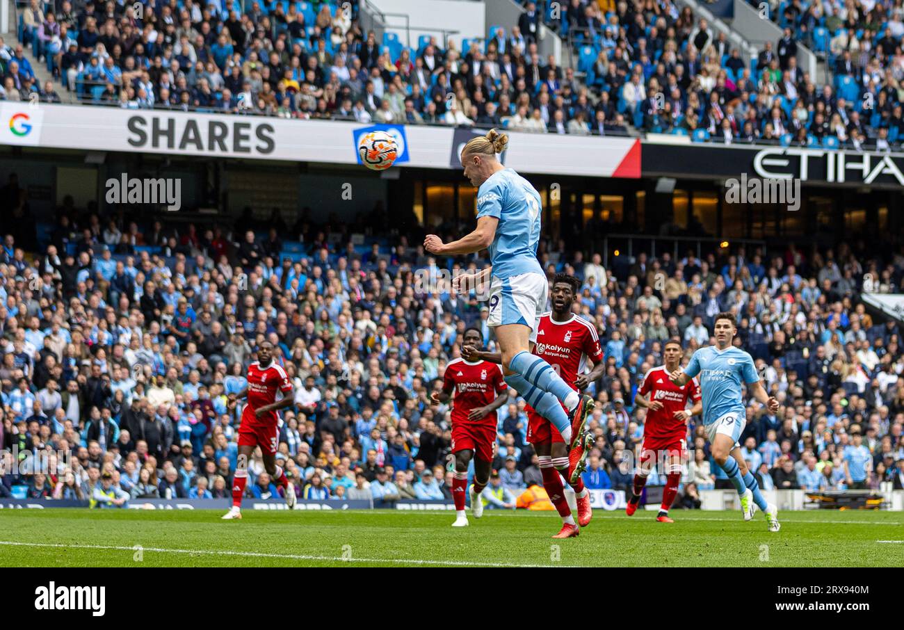 Manchester, UK. 24th Sep, 2023. Manchester City's Erling Haaland scores the second goal with a header during the English Premier League match between Manchester City and Nottingham Forest in Manchester, Britain, on Sept. 23, 2023. Credit: Xinhua/Alamy Live News Stock Photo