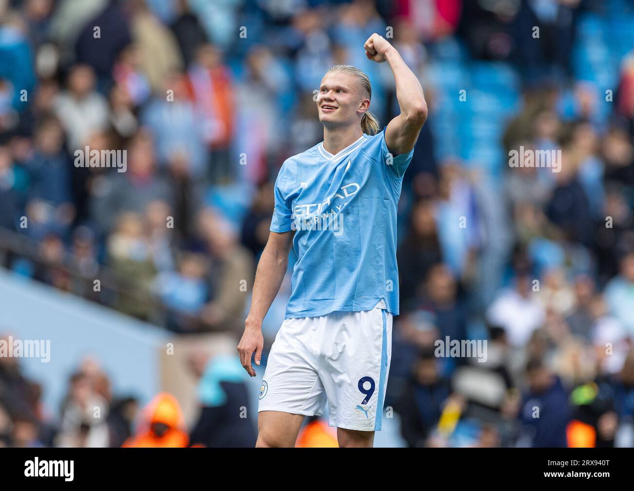 Manchester, UK. 24th Sep, 2023. Manchester City's goal-scorer Erling Haaland celebrates after the English Premier League match between Manchester City and Nottingham Forest in Manchester, Britain, on Sept. 23, 2023. Credit: Xinhua/Alamy Live News Stock Photo