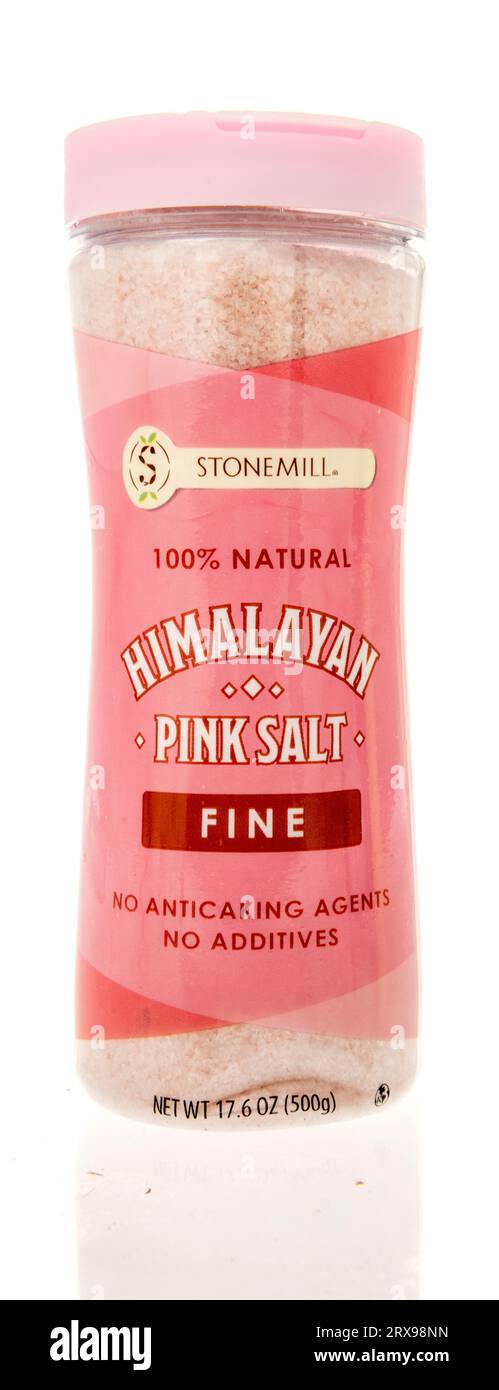 Winneconne, WI - 26 August 2023:  A bottle of Stone mill Himalayan pink salt on an isolated background Stock Photo