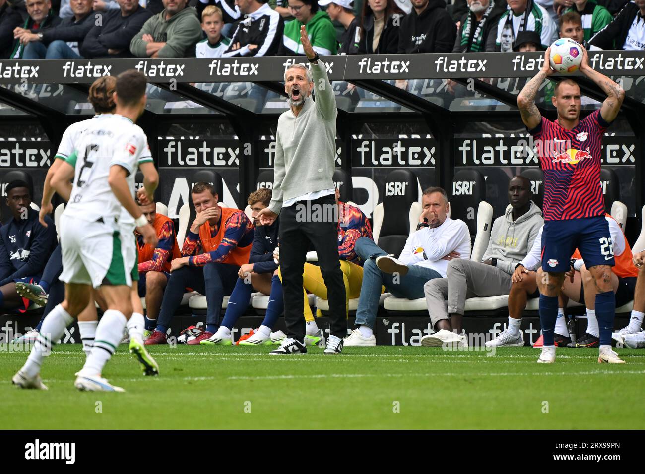 Moenchengladbach, Germany. 23rd Sep, 2023. Marco Rose, head coach of RB Leipzig, instructs players during the first division of Bundesliga 5th round match between Borussia Moenchengladbach and RB Leipzig in Moenchengladbach, Germany, Sept. 23, 2023. Credit: Joachim Bywaletz/Xinhua/Alamy Live News Stock Photo