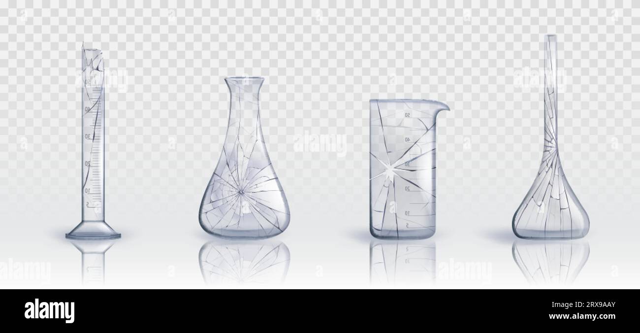 Broken lab medical glass tube test equipment set. Chemical laboratory