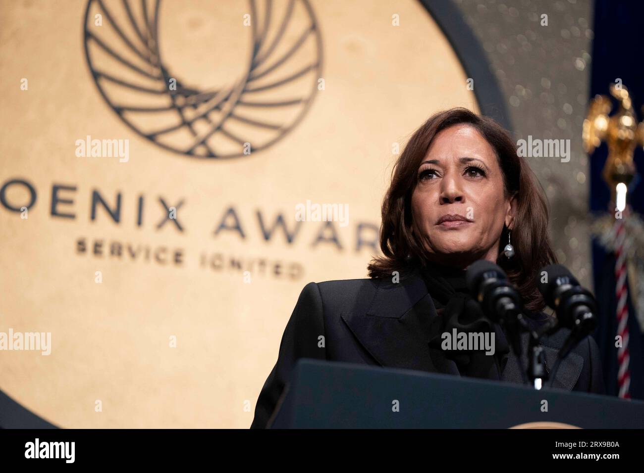 Washington, United States. 23rd Sep, 2023. Vice President Kamala Harris speaks during the 2023 Phoenix Awards Dinner at the Washington Convention Center in Washington, DC on Saturday, September 23, 2023. The dinner, hosted by the Congressional Black Caucus, recognizes individuals who have impacted the Black community. Photo by Bonnie Cash/UPI Credit: UPI/Alamy Live News Stock Photo