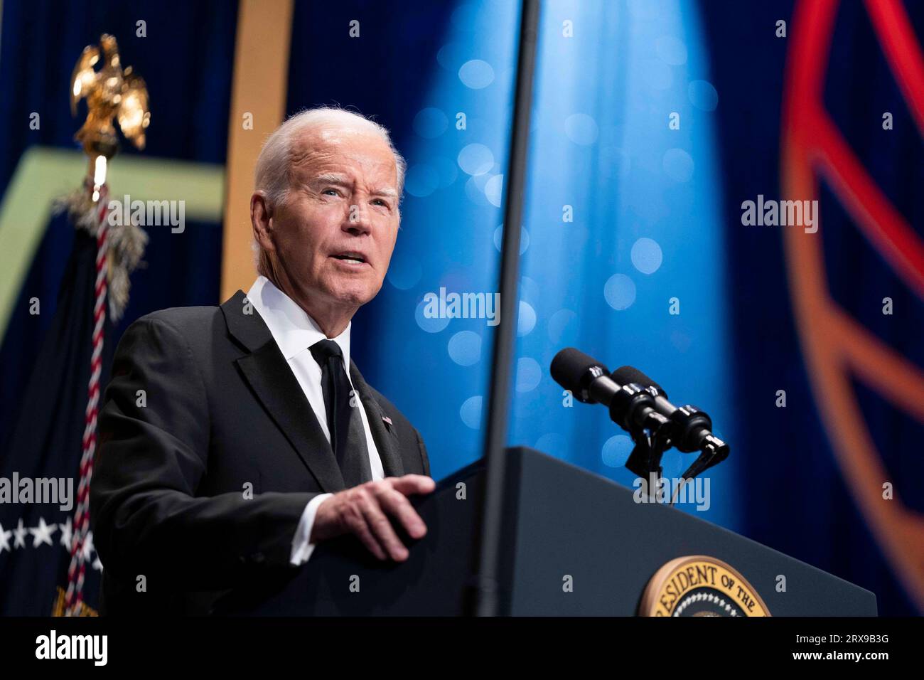 Washington, United States. 23rd Sep, 2023. US President Joe Biden speaks during the 2023 Phoenix Awards Dinner at the Washington Convention Center in Washington, DC on Saturday, September 23, 2023. The dinner, hosted by the Congressional Black Caucus, recognizes individuals who have impacted the Black community. Photo by Bonnie Cash/UPI Credit: UPI/Alamy Live News Stock Photo