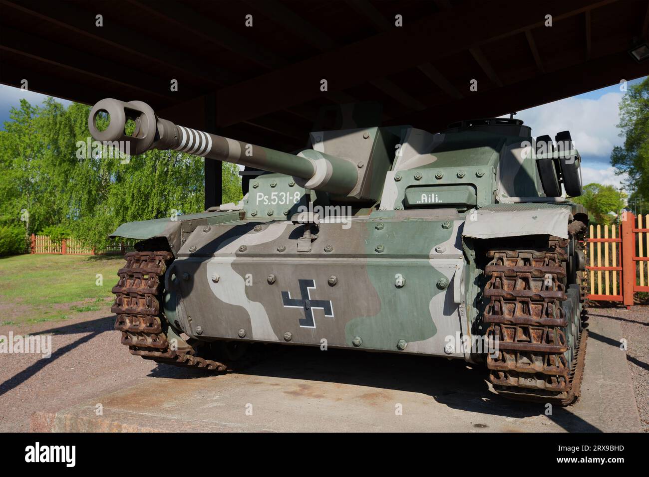 HAMINA, FINLAND - JUNE 03, 2017: Stug III Ausf G (Ps.531-8) - German self-propelled artillery during the Second world war, closeup Stock Photo